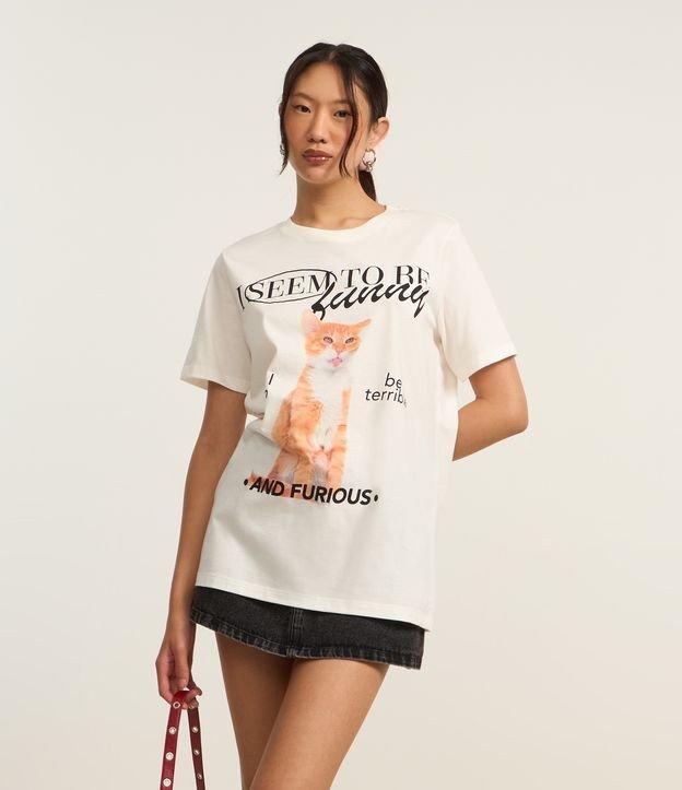 Camiseta Alongada em Algodão com Estampa Gatinho - 1