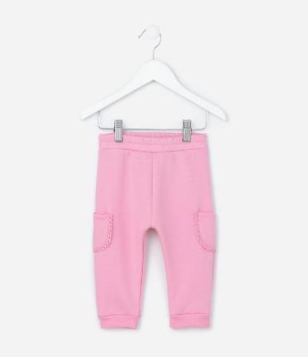 Calça Infantil em Moletom Quentinho com Bolso Lateral Rendado - Tam 0 a 18 meses