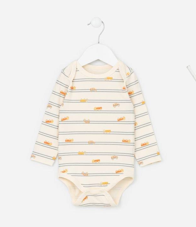 Body Infantil com Estampa de Listras e Carrinhos - Tam RN a 18 meses - 1
