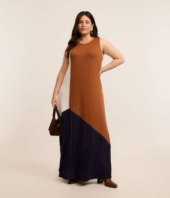 Vestido Longo em Viscose com Bloco de Cores Curve & Plus Size