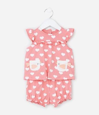 Conjunto Infantil com Bolsos e Estampa Corações - Tam 0 a 18 meses