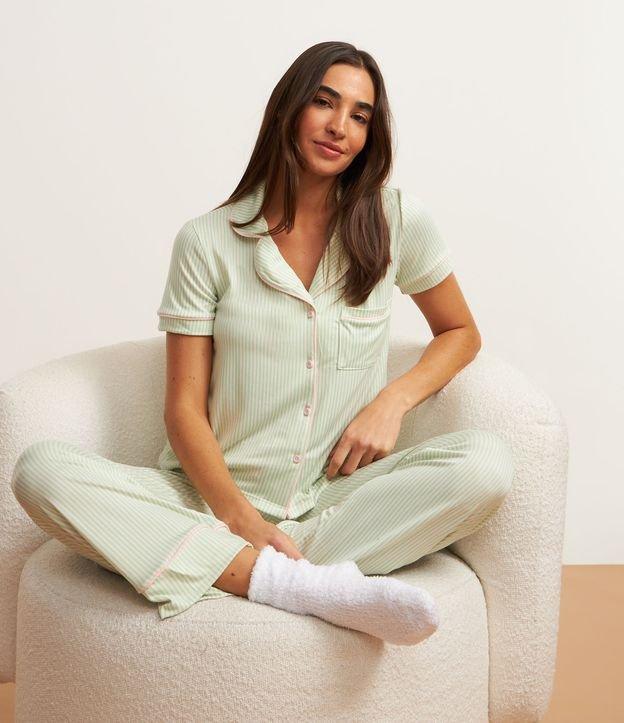 Pijama Americano Longo com Estampa Listrada e Bolsinho - 1