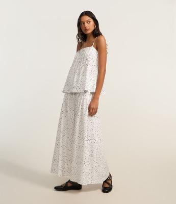 Saia Longa em Crepe Poá com Pregas e Zíper