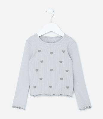 Blusa Infantil Canelada com Estampa Corações - Tam 1 a 6 Anos
