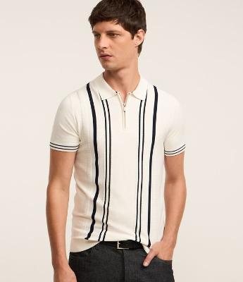 Camisa Polo Slim em Tricô com Estampa Listrada e Zíper na Gola