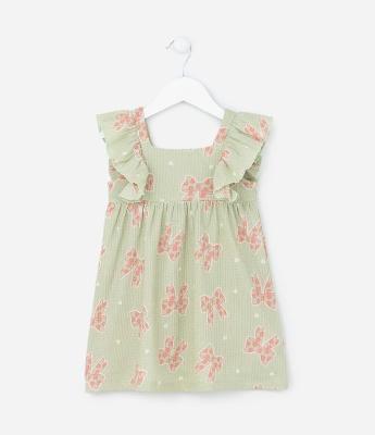 Vestido Infantil Texturizado com Estampa Laços - Tam  1 a 6 Anos
