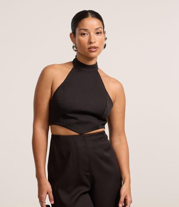 Blusa Cropped em Alfaiataria com Decote Halter e Amarração - 1