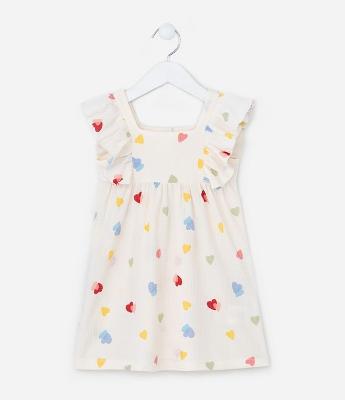 Vestido Infantil Texturizado com Estampa Corações - Tam 1  a 6 Anos