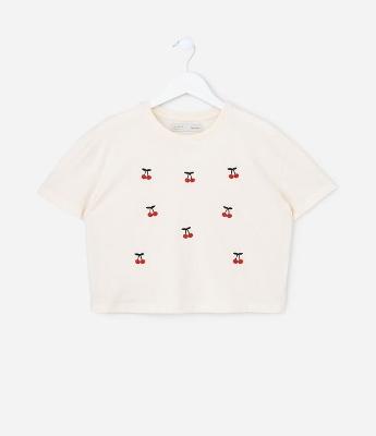 Blusa Cropped Infantil com Bordado Cerejas - Tam 5 a 14 Anos
