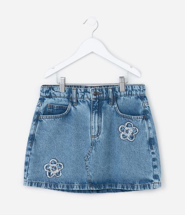 Saia Infantil em Jeans com Bordado de Flores - Tam 5 a 14 Anos - 1