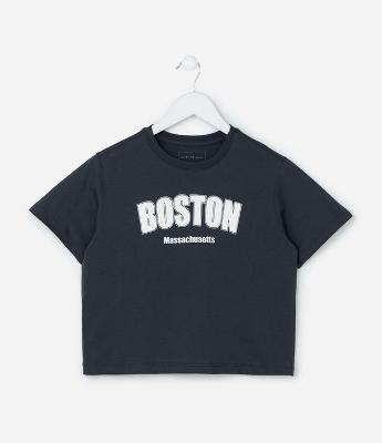 Camiseta Infantil com Lettering Boston - Tam 5 a 14 Anos