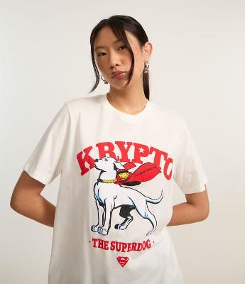 Camiseta Alongada em Algodão com Estampa Krypto
