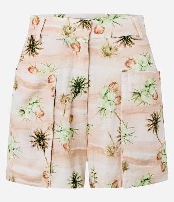 Short Curto em Viscose e Linho com Estampa Tropical e Bolso Fole Utilitário