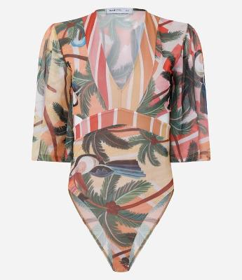 Body em Tule com Manga Ampla e Mix de Estampa Tropical