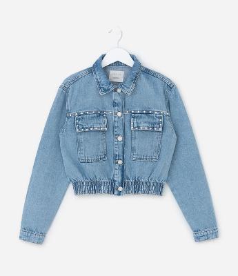 Jaqueta Bomber Infantil Jeans com Brilhinhos - Tam 7 a 14 Anos