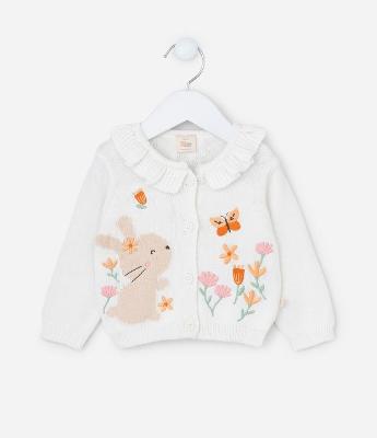 Cardigan Ifantil com Babado e Bordado Coelho - Tam RN a 18 meses