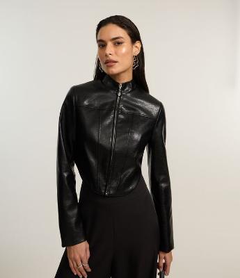 Jaqueta Corsetada em PU com Zíper e Barra Arredondada
