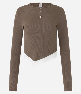 Blusa em Ribana com Botões Frontais e Barra Assimétrica Sobreposta