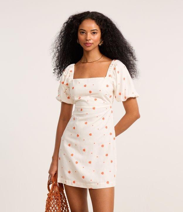 Vestido Curto em Viscolinho com Manga Bufante e Bordado - 1