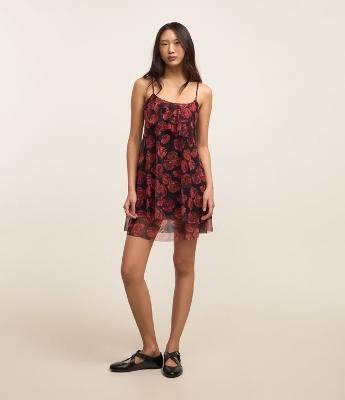 Vestido Curto em Tule Floral e Babados na Barra Dupla