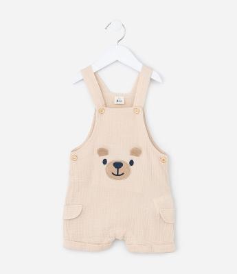 Jardineira Infantil Texturizada com Bordado Urso - Tam 3 a 18 meses