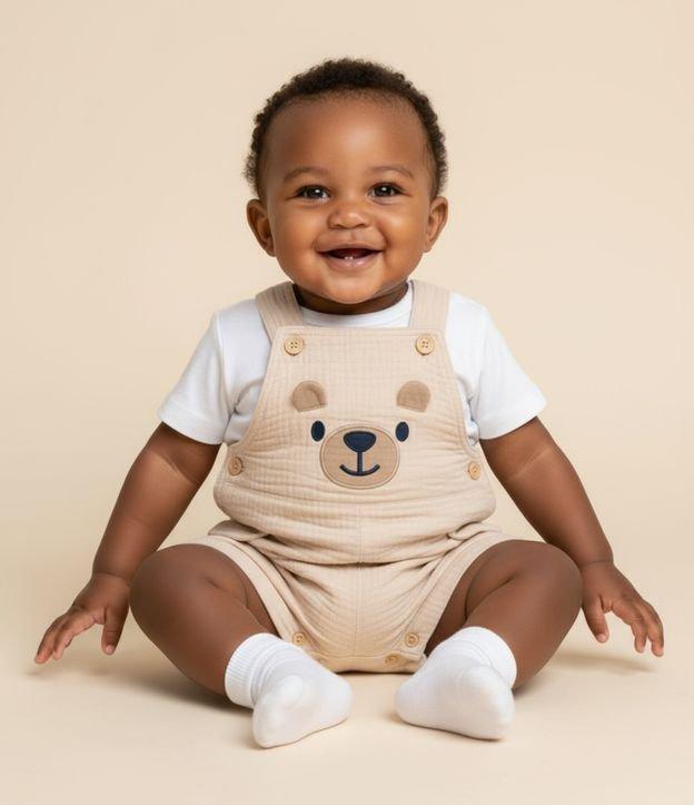 Jardineira Infantil Texturizada com Bordado Urso - Tam 3 a 18 meses - 2