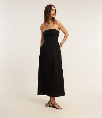 Vestido Evasê Longo em Viscose com Linho