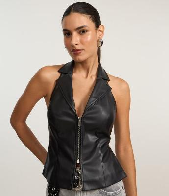 Blusa Frente Única em PU com Zíper Tratorado