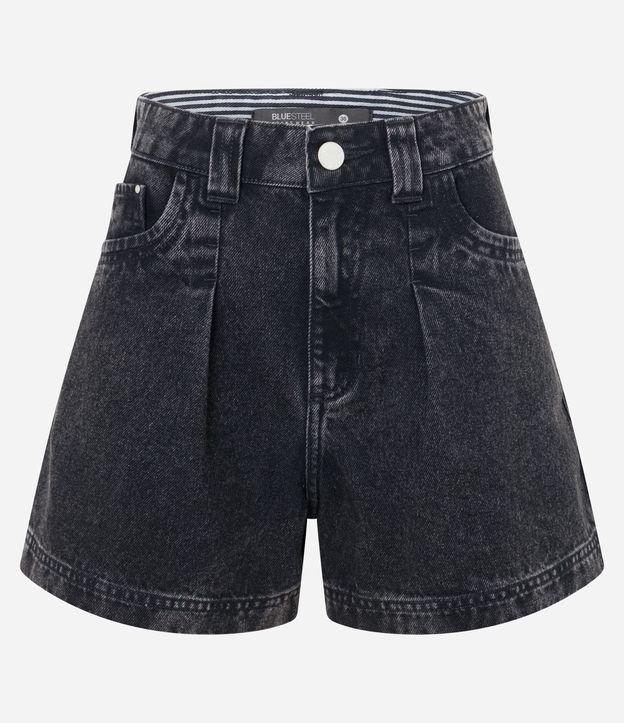 Short Baggy em Jeans com Cós Listrado e Bolsos com Pregas - 1