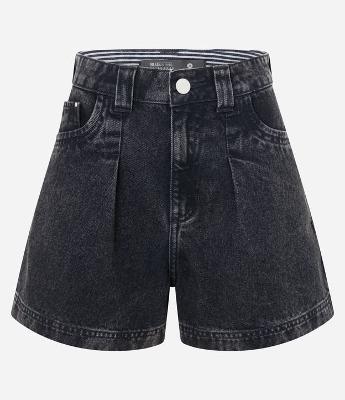 Short Baggy em Jeans com Cós Listrado e Bolsos com Pregas