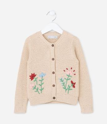 Suéter Infantil em Tricô com Bordado Florzinhas - Tam 1 a 6 Anos