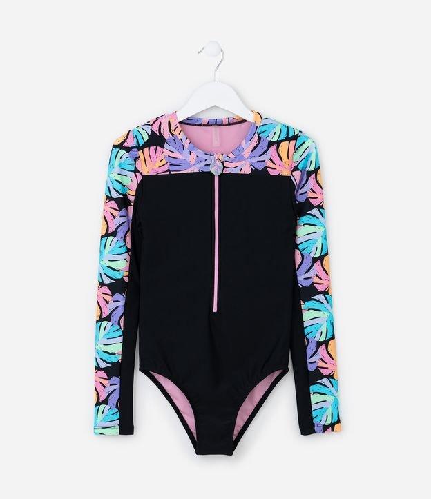 Maiô Infantil com Proteção UV e Estampa Folhas - Tam 5 a 14 Anos - 1