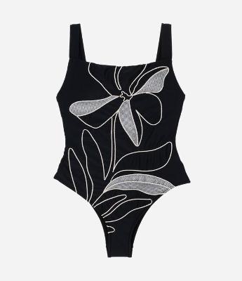 Maiô em Microfibra Leve com Bordado Floral com Alça Larga