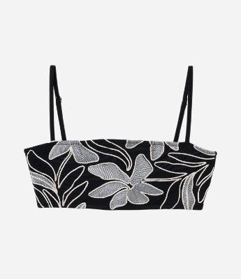 Biquíni Top Bandeau em Microfibra com Bordado Floral Contrastante