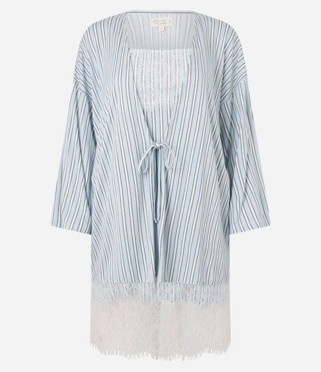 Conjunto Camisola e Robe em Viscose Listrada com Renda - 1