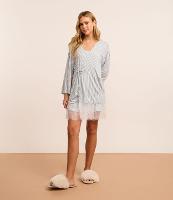 Conjunto Camisola e Robe em Viscose Listrada com Renda - 2