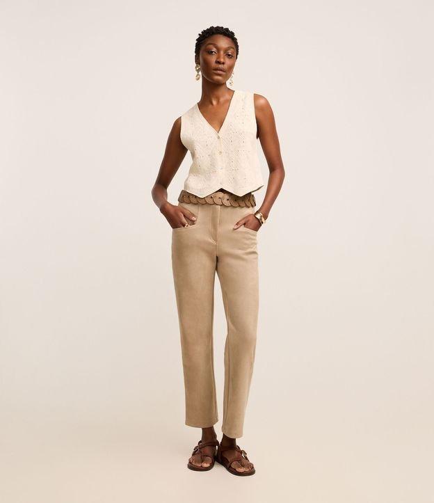 Calça Boho Reta Cintura Alta em Suede com Recortes nos Bolsos - 2