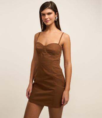 Vestido Curto em Sarja com Decote Coração e Alças Finas