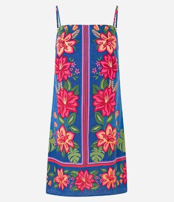 Vestido Evasê Curto em Viscose e Linho com Estampa Floral