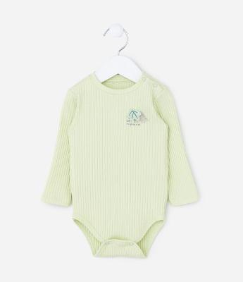 Body Infantil Canelado com Bordado Dinossauro - Tam 0 a 18 meses