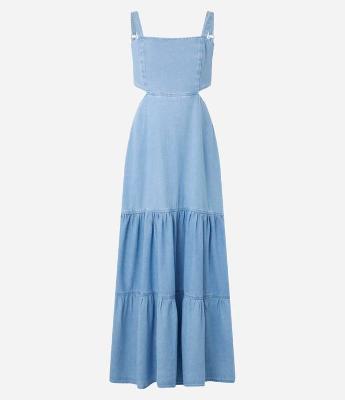Vestido Longo em Jeans com Lastex nas Costas e Babado