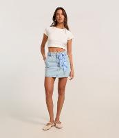 Saia Curta em Jeans com Lenço de Frutinhas e Cintura Alta - 1