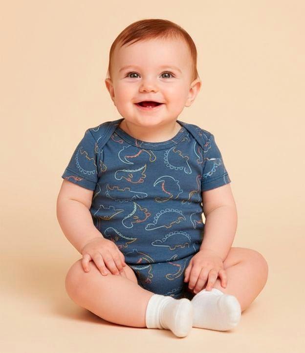 Body Infantil em Ribana com Estampa Dinossauro - Tam RN a 18 meses - 2