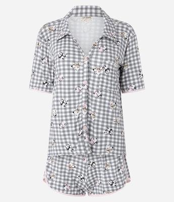 Pijama Short Doll Americano em Viscose com Estampa Xadrez Vichy e Cachorrinhos
