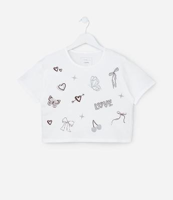 Camiseta Curta Infantil com Estampa Doodles - Tam 5 a 14 Anos