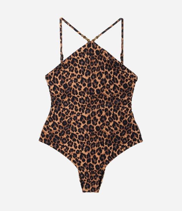 Maiô Halter em Microfibra com Estampa Animal Print Onça e Aviamento de Madeira - 1