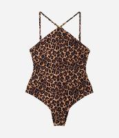 Maiô Halter em Microfibra com Estampa Animal Print Onça e Aviamento de Madeira - 1