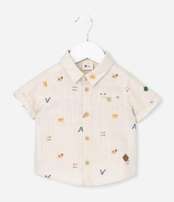 Camisa Infantil em Linho com Estampa Bichinhos - Tam 0 a 18 meses