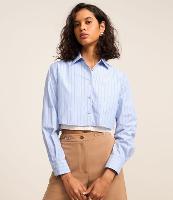 Camisa Cropped Listrada em Tricoline com Fio TInto - 1