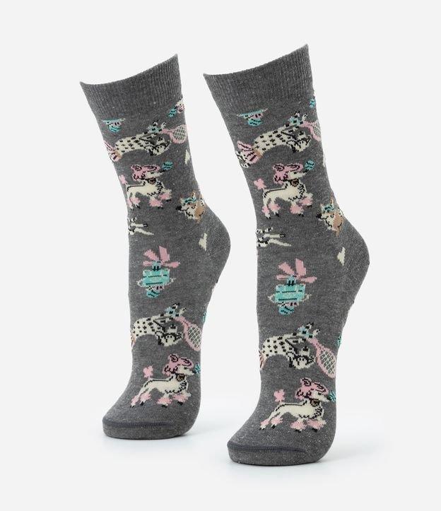 Meia Cano Alto em Algodão com Estampa de Cachorrinhos - 1